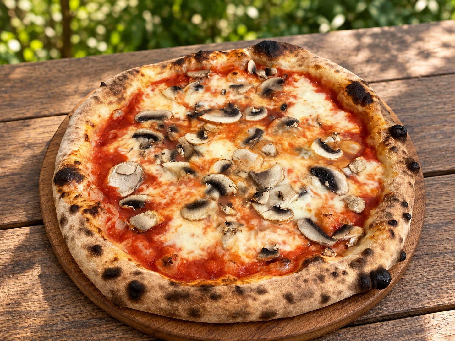 Pizza Funghi Schmoëtt, photographie retouchée dans un décor de terrasse